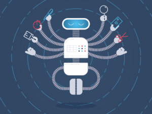 Animated graphic of a multi-tasking AI robot